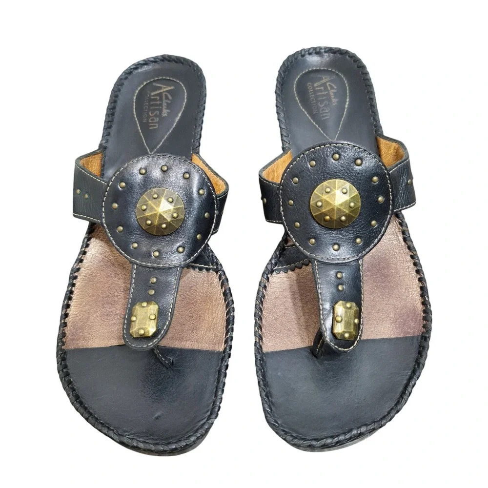 Clarks Artisan Black Leather Wedge Thong Sandals Studded Boho Women's 8M 87260